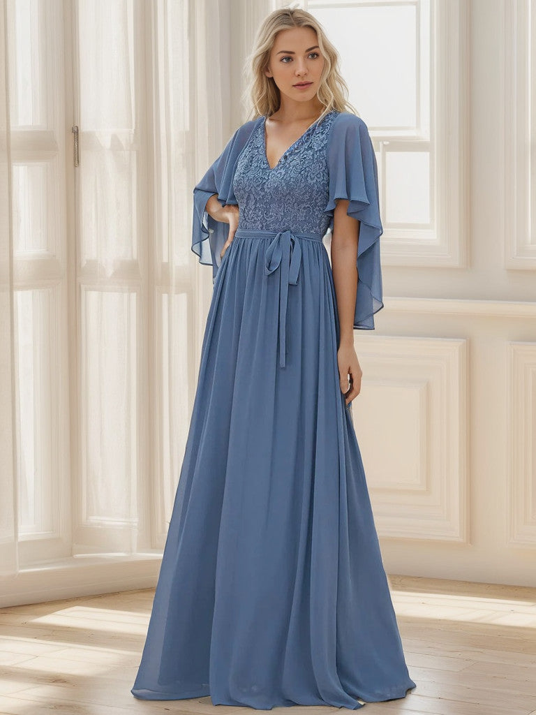 Weitese Deep V Neck Lace Bodice Long Flowy Evening Dress