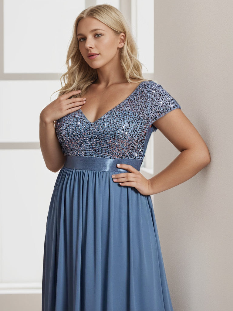 Robe de soirée Weitese grande taille en mousseline de soie, taille empire, col en V, manches courtes