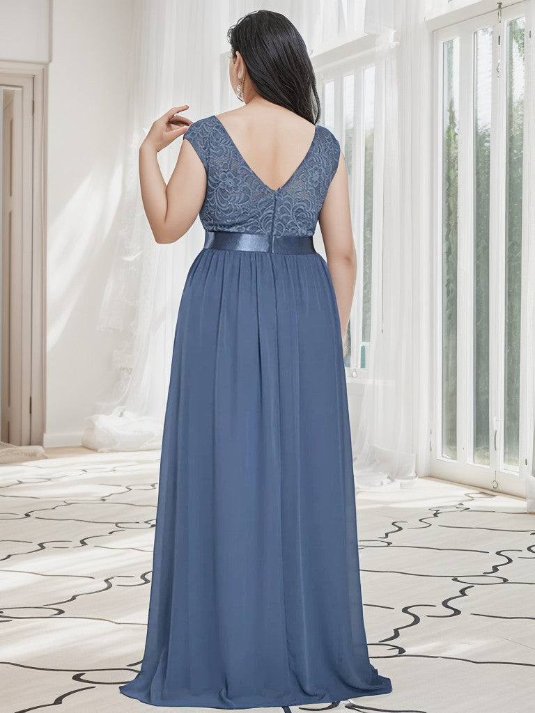 Robe de demoiselle d'honneur Weitese grande taille, classique, col rond, dos en V, coupe trapèze, en mousseline de soie et dentelle