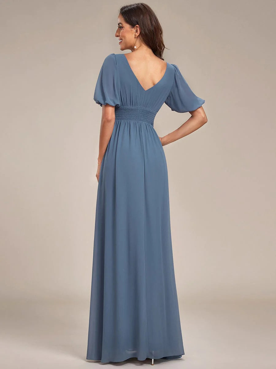 Weitese Chiffon Illusion V-Neck Flutter Sleeve Front Slit Evening Dress