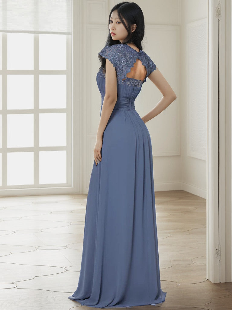 Weitese Maxi Lace Cap Sleeve Long Formal Evening Dress
