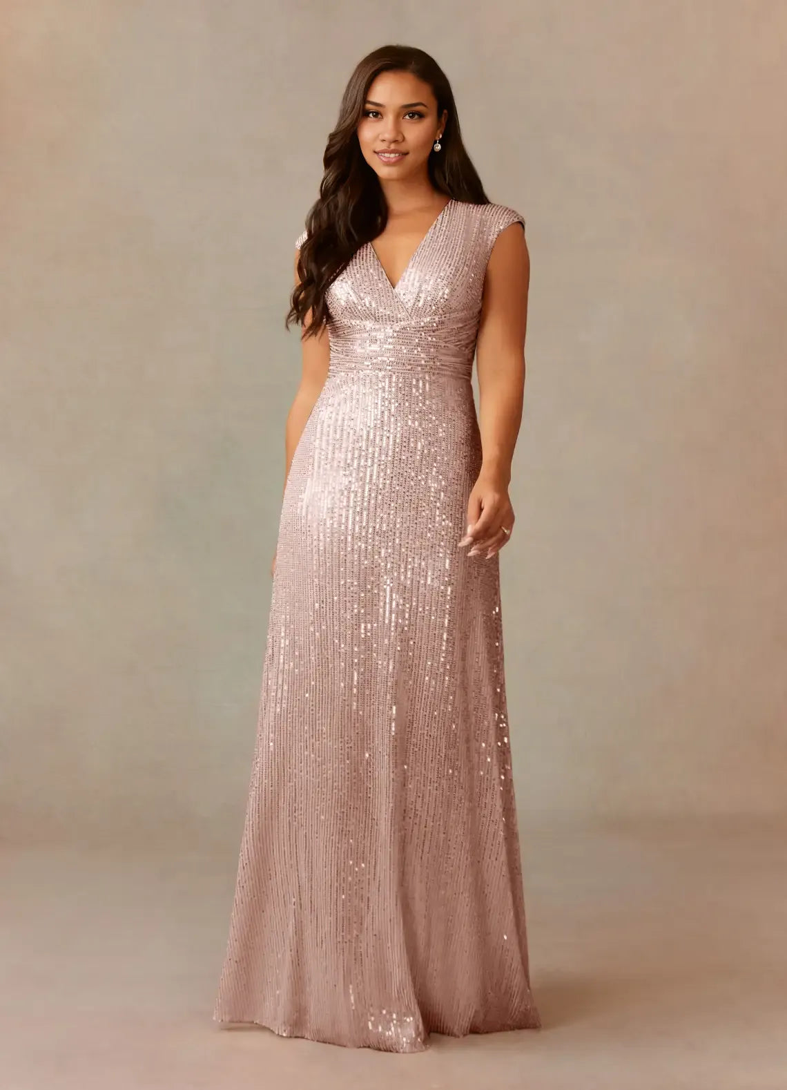 Weitese Dress Champagne A-Line V-Neck Ruched Sequins Mother Of The Bride Dresses Cap Sleeves Back Zip Ruffle Evening Dress