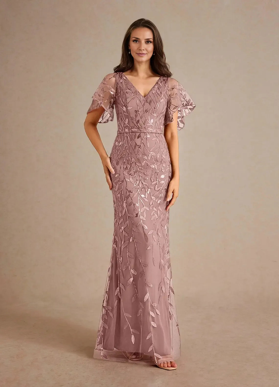 Weitese Dress Champagne Sheath Sequins Mother of the Groom Dresses Elegant V-Neck Flutter Sleeves Tulle Evening Dress