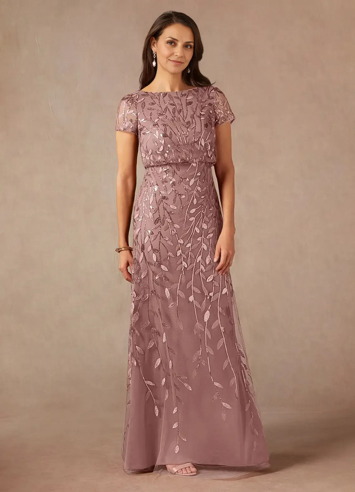 Weitese Dress Dark Navy A-Line Sequins Maxi Dress Elegant Boat Neck Short Sleeves Back Zip Mother of the Bride Dress