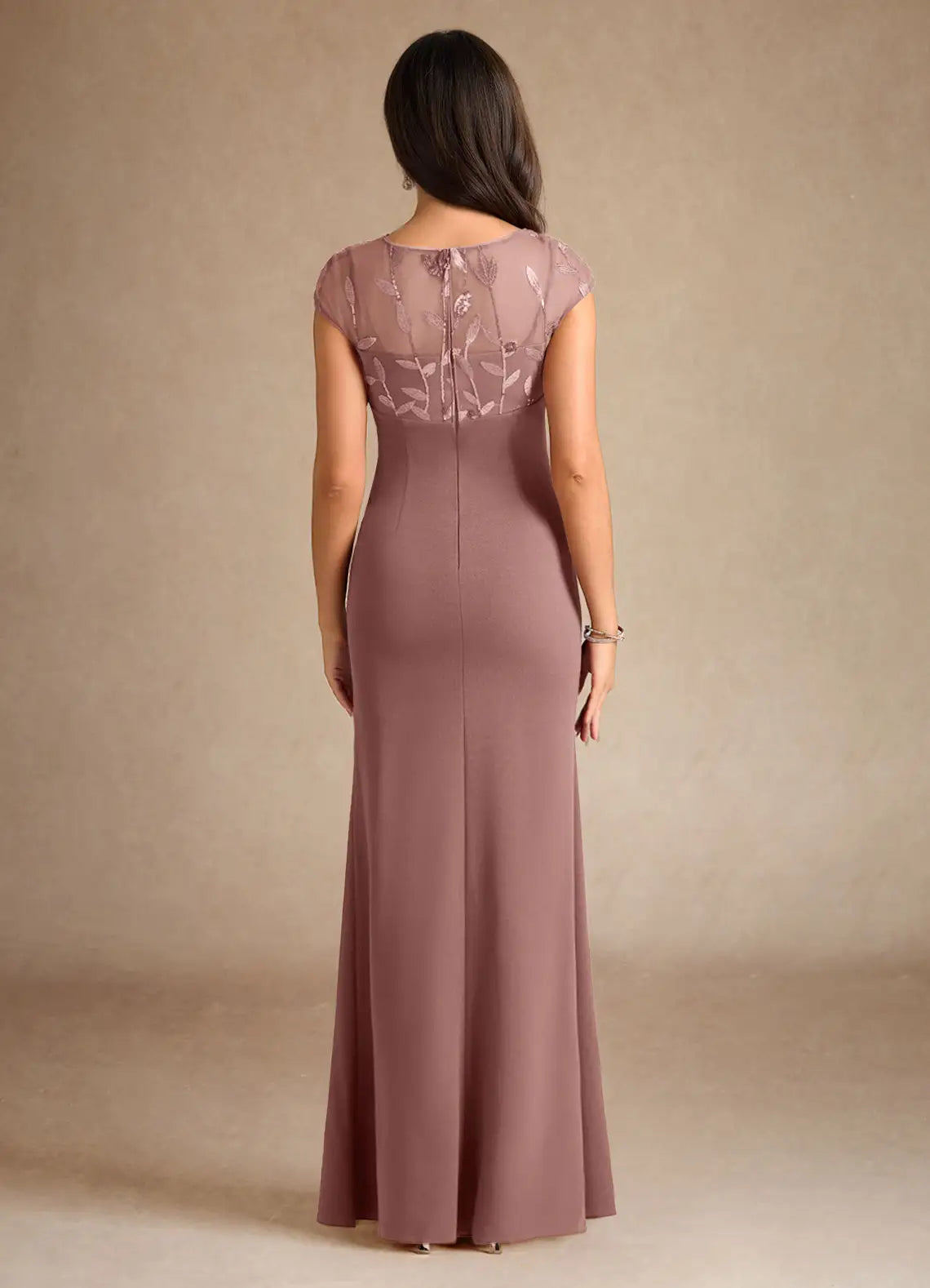 Dusty Rose Mermaid Sequins Floor-Length Dress Cap Sleeve Solid Color Vintage Scoop Neck Pleated Mother of the Bride Dress