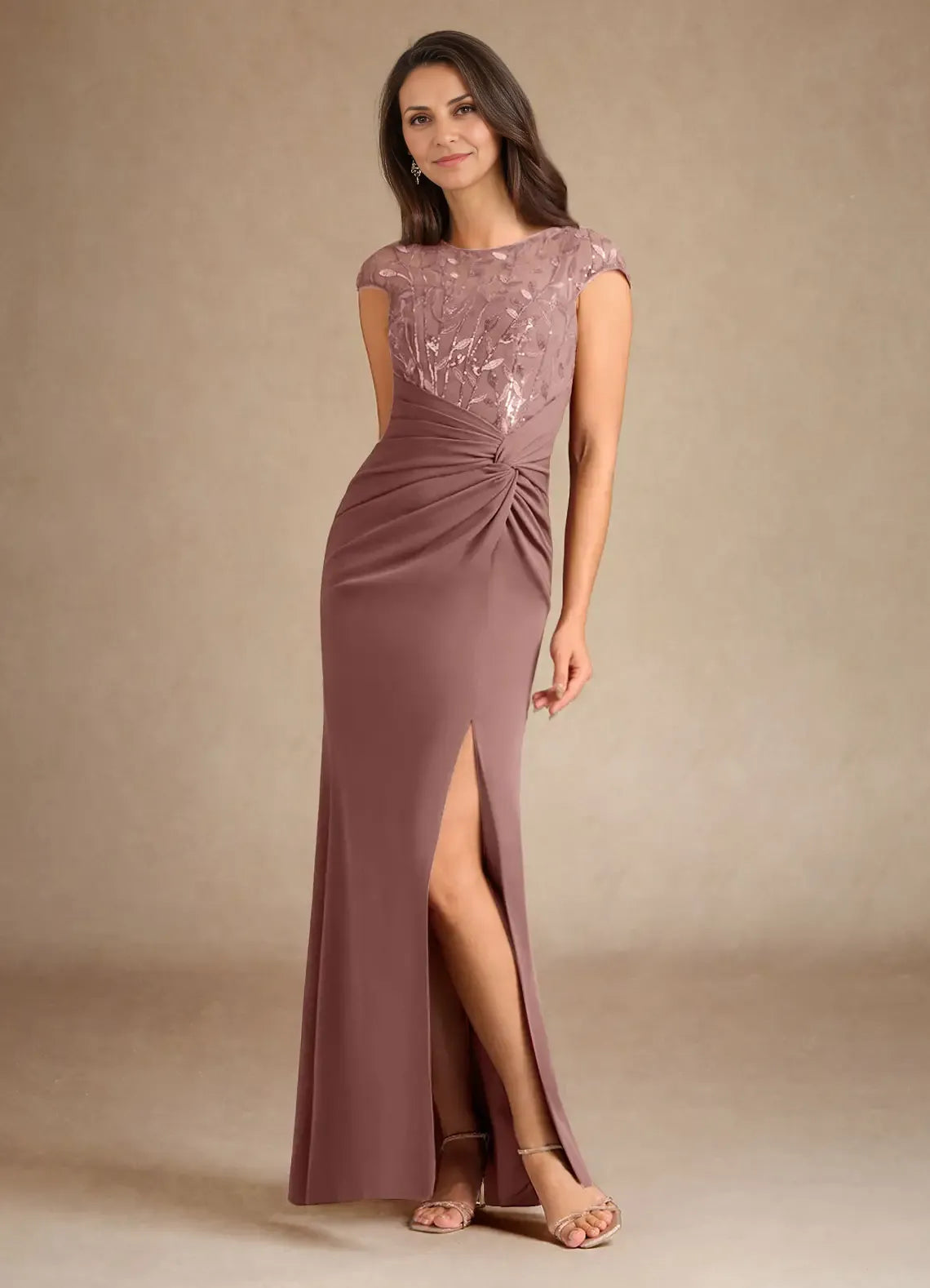 Dusty Rose Mermaid Sequins Floor-Length Dress Cap Sleeve Solid Color Vintage Scoop Neck Pleated Mother of the Bride Dress