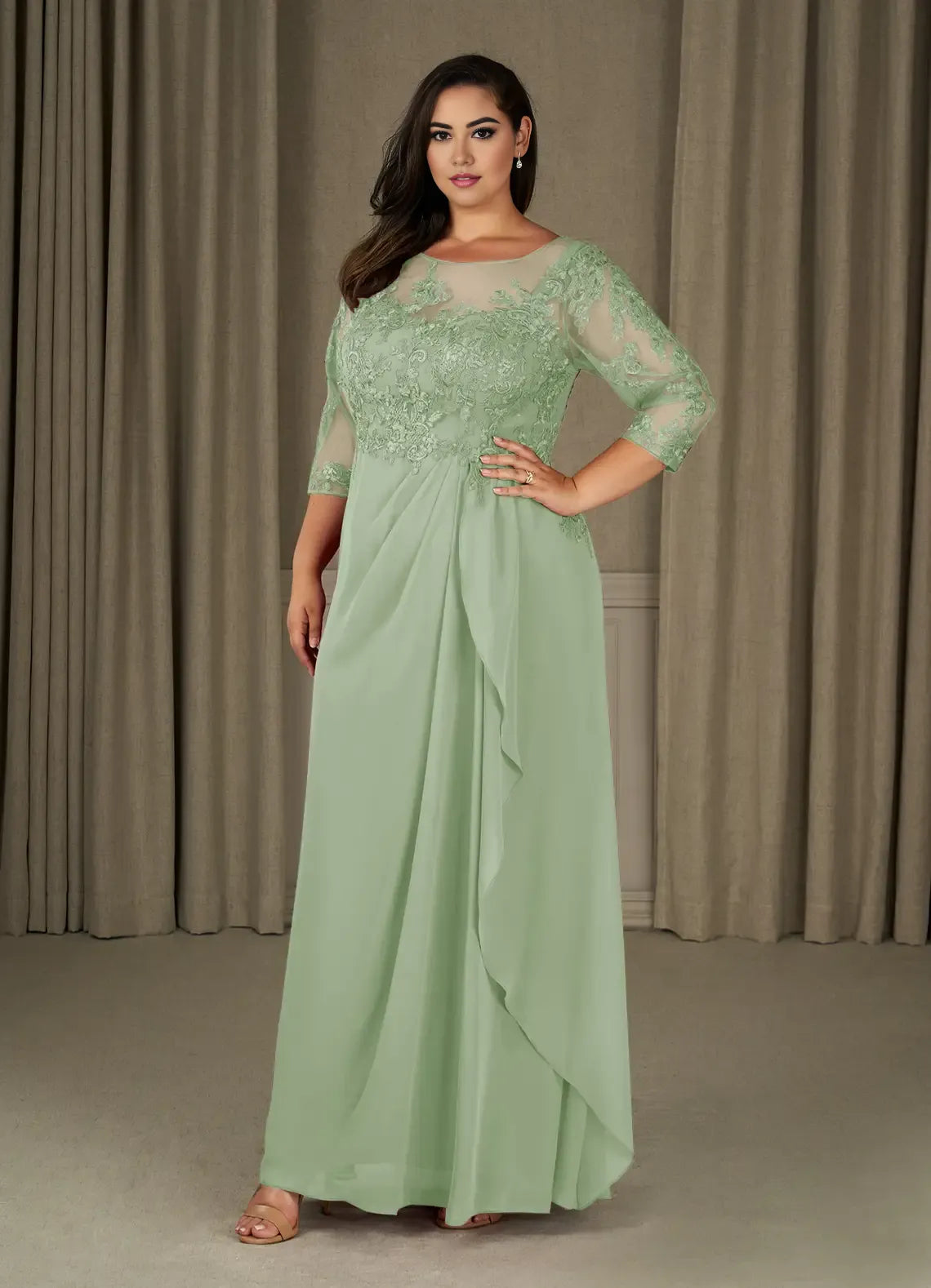 Robe de soirée élégante en mousseline de soie, coupe trapèze, coupe champagne, manches trois-quarts, dos en V, grande taille, pour mère de la mariée 