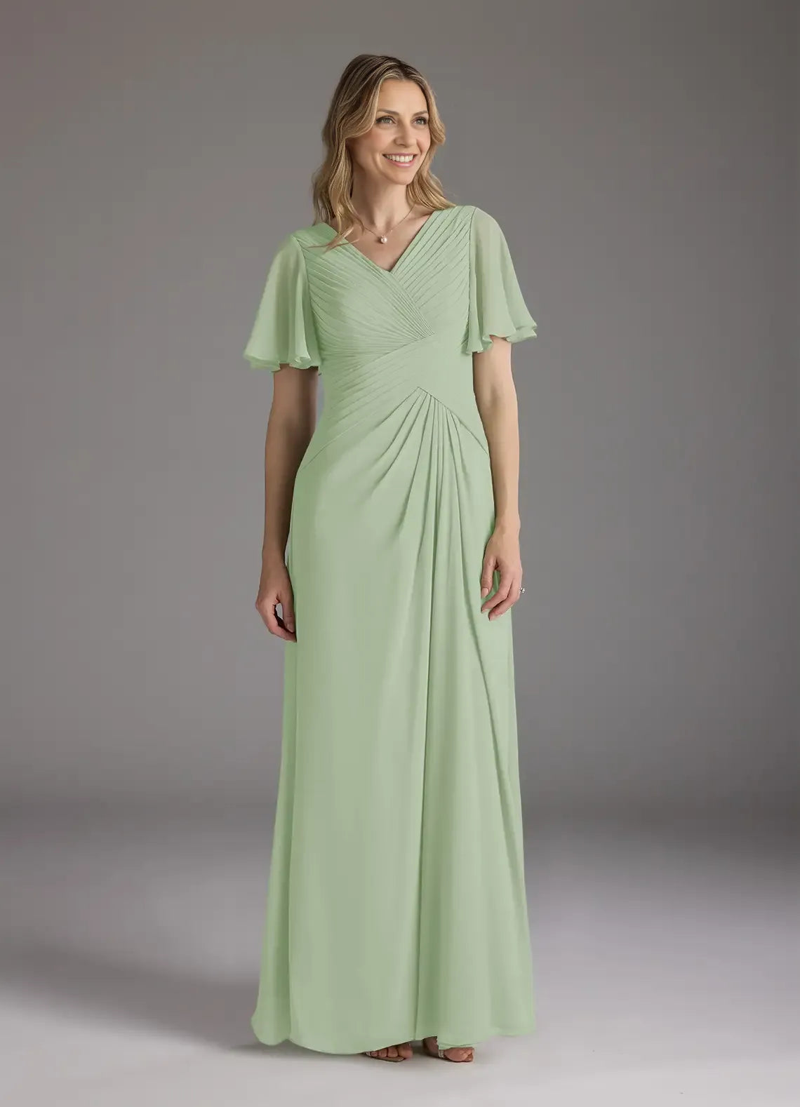 Weitese Dress A-Line V-Neck Ruched Chiffon Mother of the Groom Dresses Elegant Ruffle Flutter Sleeves V Back Evening Dress