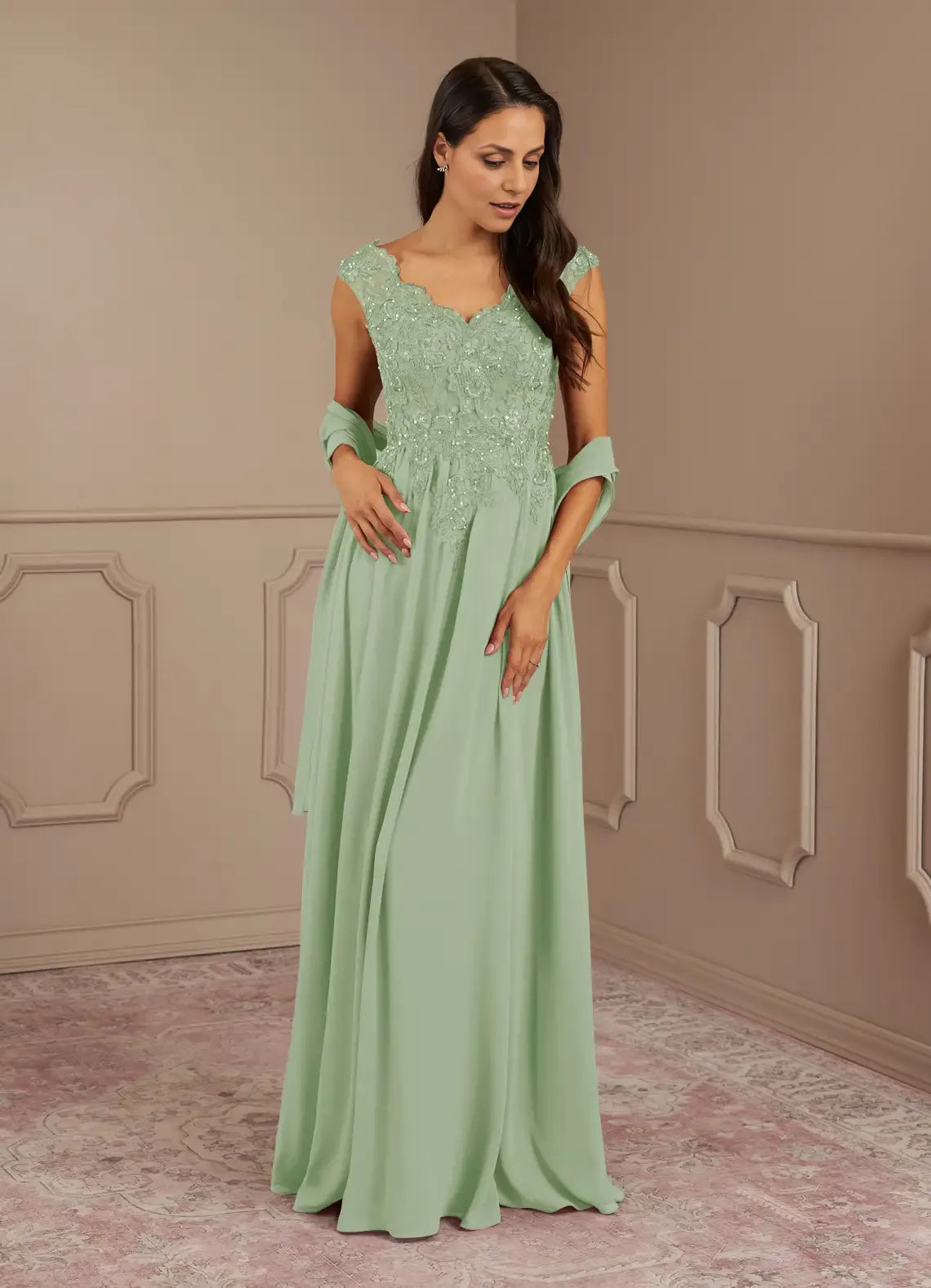 Weitese Dress Black A-Line V-Neck Lace Sequins Chiffon Maxi Dress Modern Cap Sleeves V Back Mother of the Bride Dress