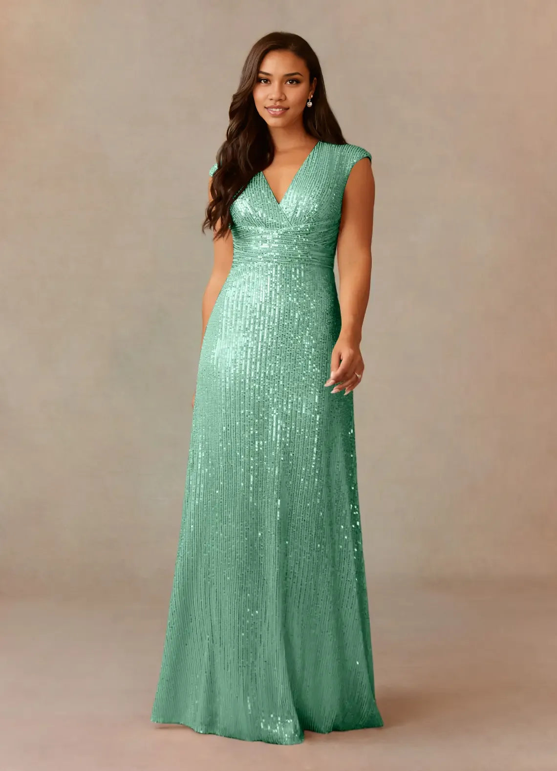 Weitese Dress Champagne A-Line V-Neck Ruched Sequins Mother Of The Bride Dresses Cap Sleeves Back Zip Ruffle Evening Dress