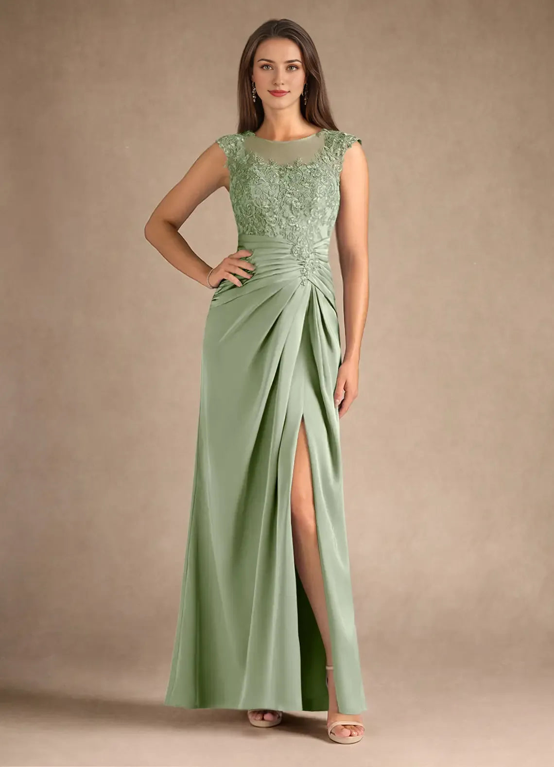 Weitese Dress Steel Blue Sheath Pleated Satin Mother of the Groom Dresses Elegant Scoop Neck Sleeveless Leg Slit Evening Dress