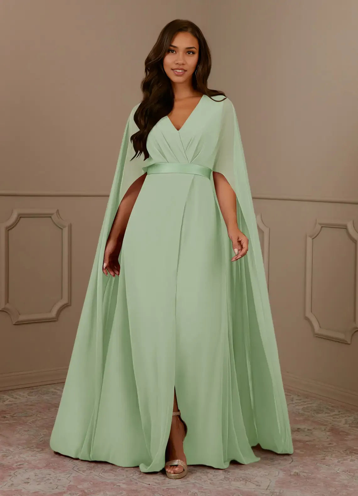 Robe Weitese bleu marine foncé, col en V, mousseline plissée, coupe trapèze, robe de soirée pour mère de la mariée, minimaliste, manches cape, fermeture éclair au dos, grande taille 