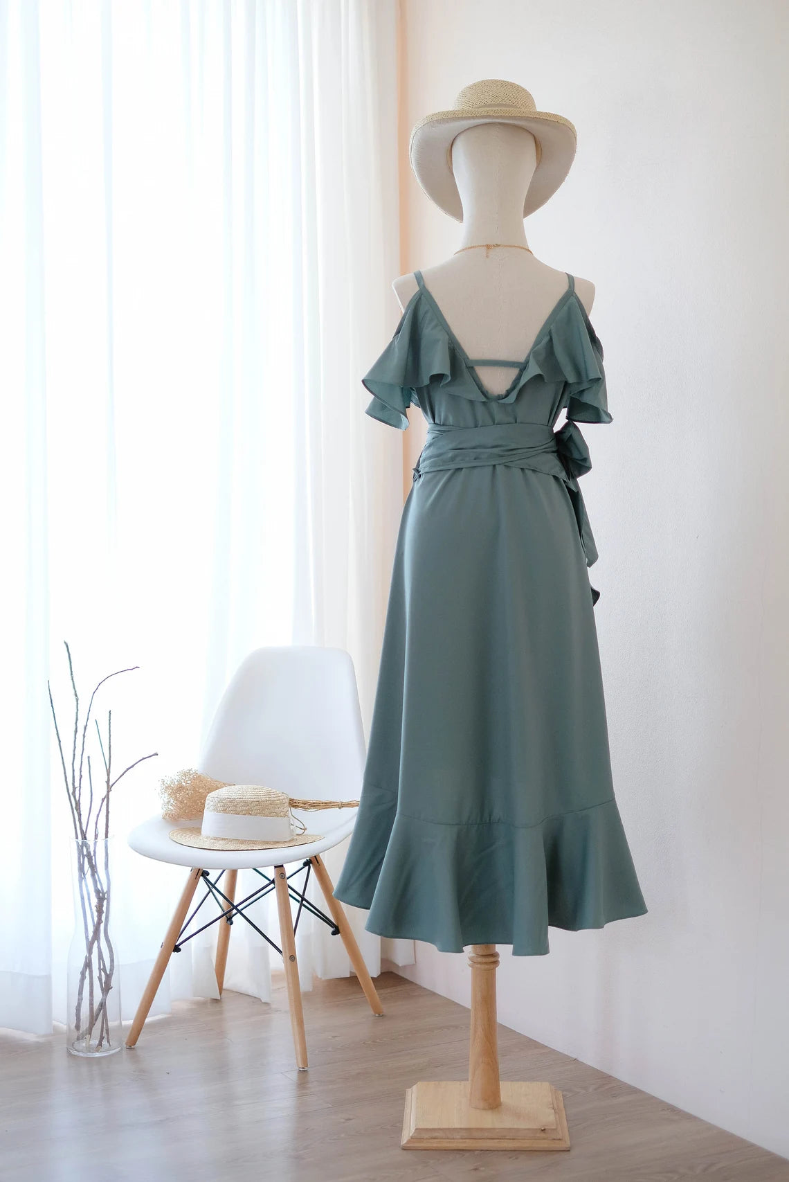 Vestido cruzado color salvia polvorienta, vestido de dama de honor con hombros caídos, vestido de fiesta de graduación, vestido de cóctel, vestido asimétrico, vestido de dama de honor 