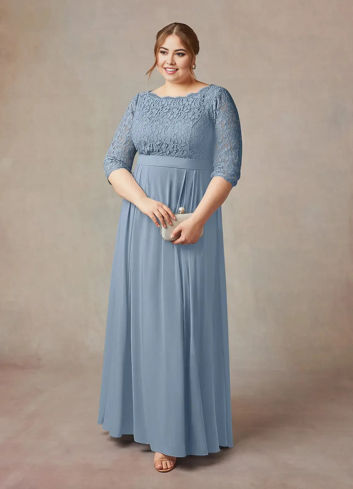 Robe trapèze bleu poudré en dentelle, longueur au sol, manches trois-quarts, couleur unie, style vintage, col rond, grande taille, pour mère de la mariée 