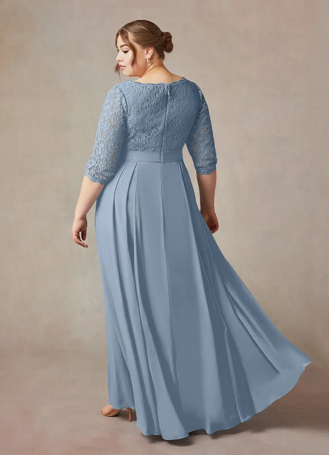 Robe trapèze bleu poudré en dentelle, longueur au sol, manches trois-quarts, couleur unie, style vintage, col rond, grande taille, pour mère de la mariée 