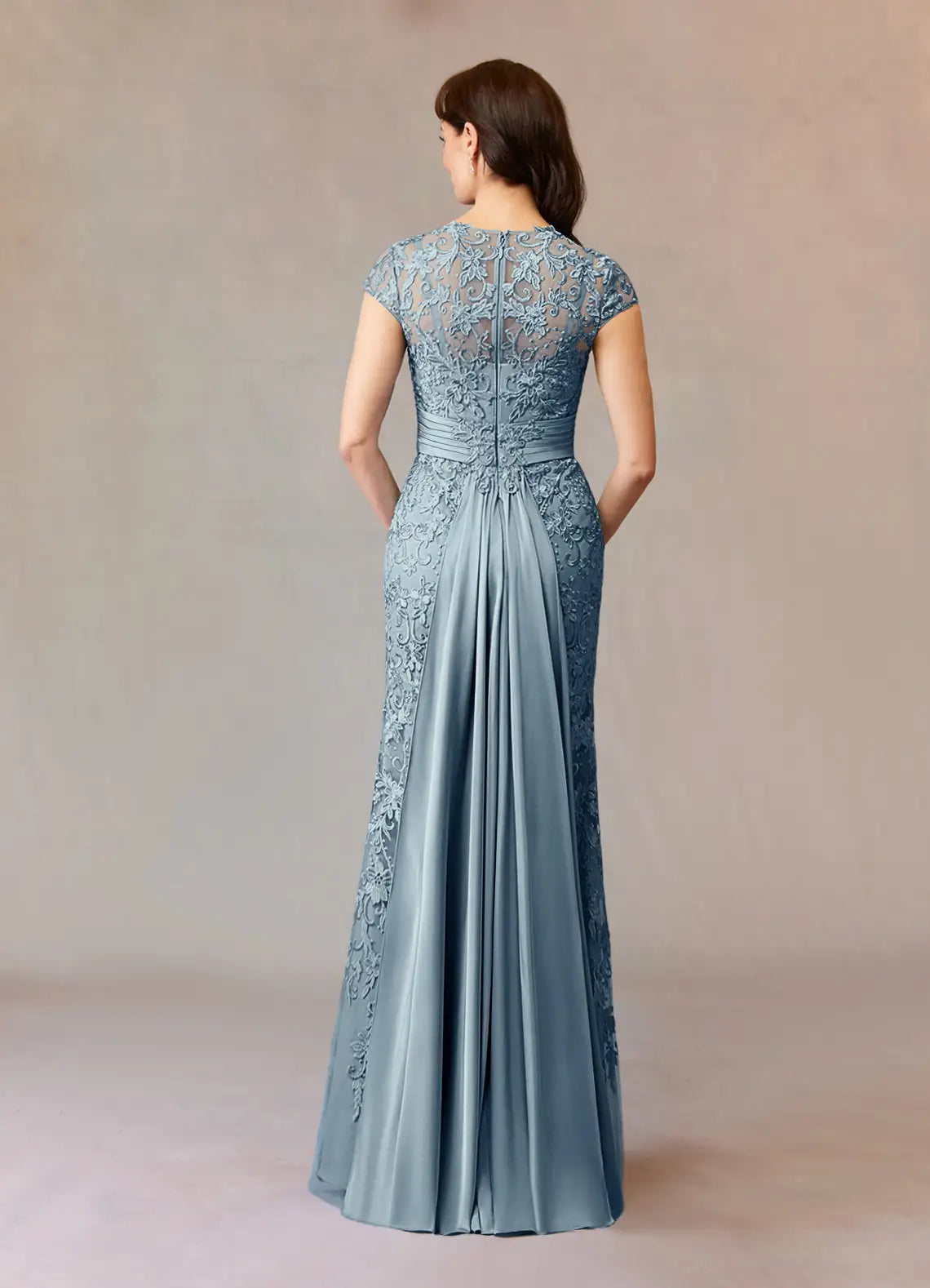 Weitese Dress Elegant Dusty Blue Mermaid Vintage Lace Scoop Neck Dress Floor-Length Cap Sleeves Illusion Back Mother of the Bride Dress