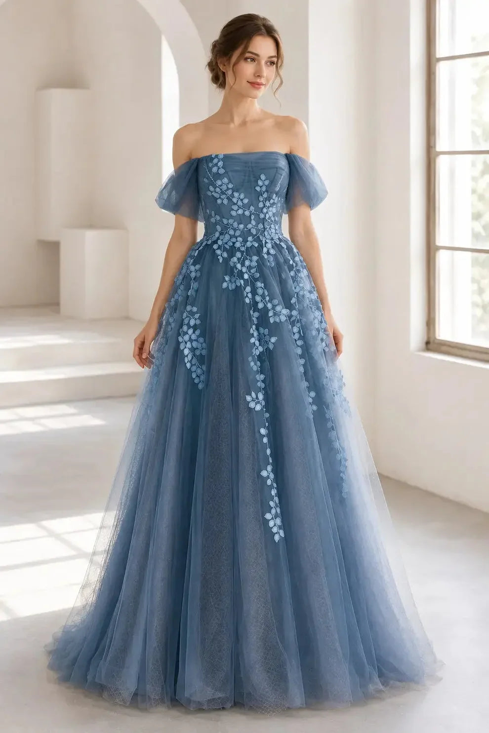 Dusty Blue Tulle A-Line Off-the-Shoulder Lace-Up Back Floor-Length Dress