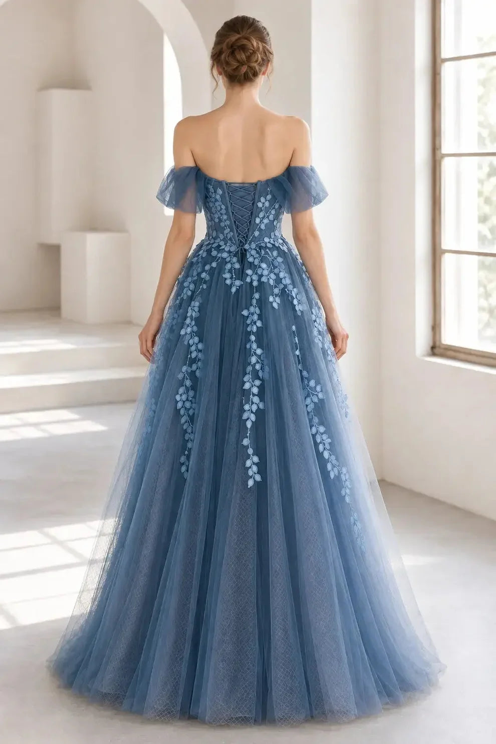 Dusty Blue Tulle A-Line Off-the-Shoulder Lace-Up Back Floor-Length Dress