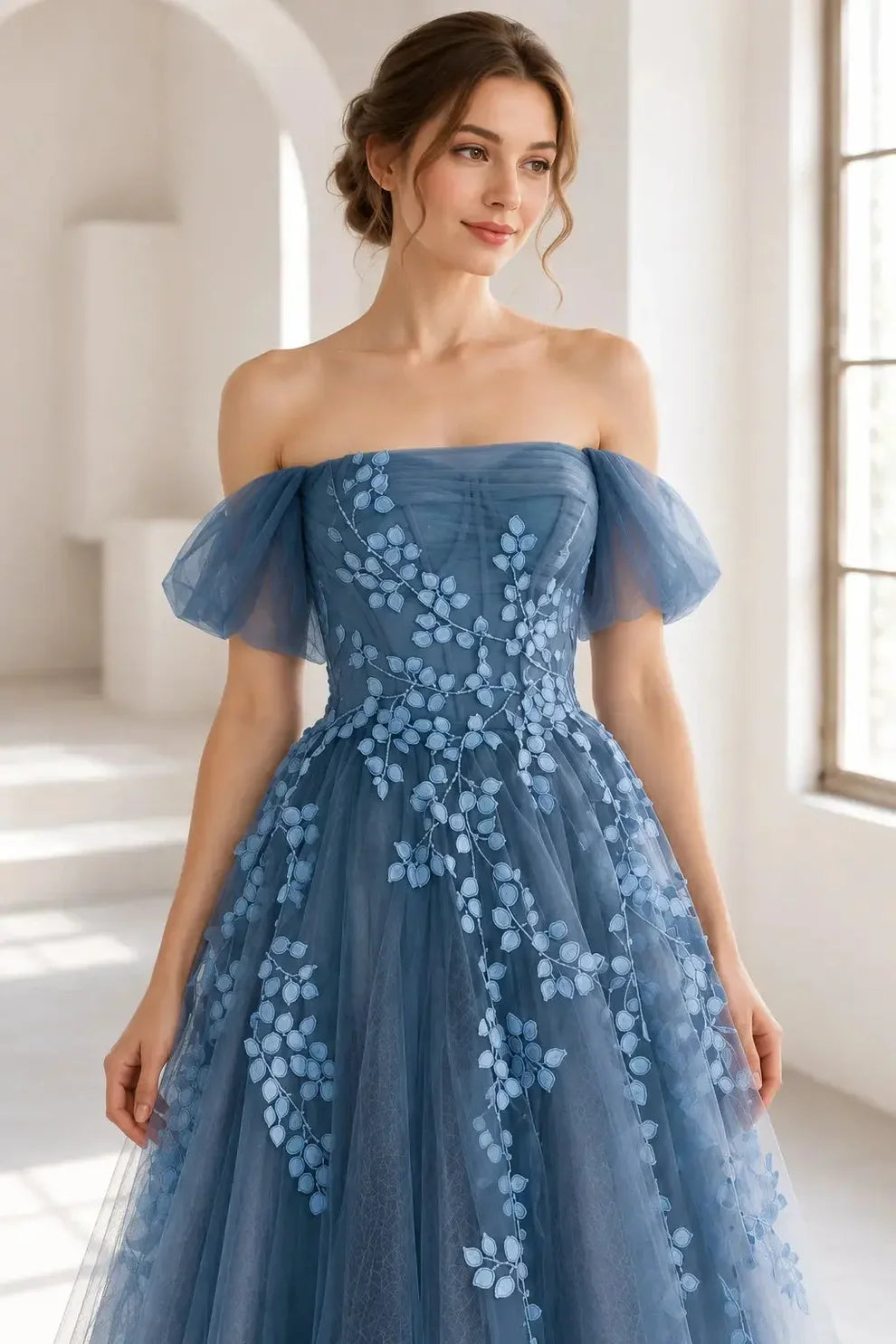 Dusty Blue Tulle A-Line Off-the-Shoulder Lace-Up Back Floor-Length Dress