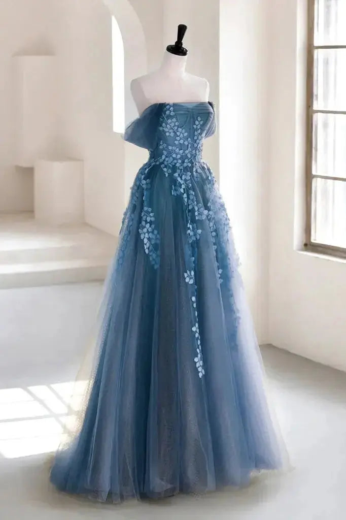 Dusty Blue Tulle A-Line Off-the-Shoulder Lace-Up Back Floor-Length Dress