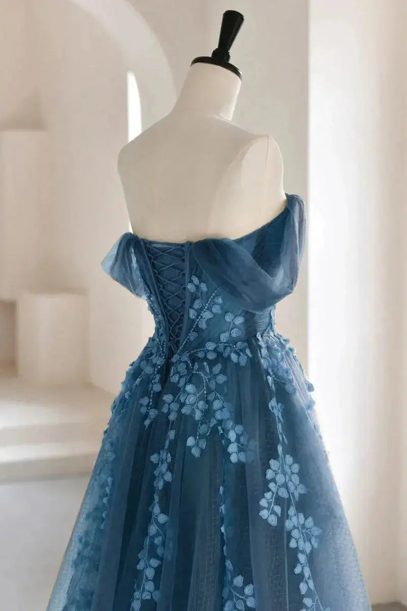Dusty Blue Tulle A-Line Off-the-Shoulder Lace-Up Back Floor-Length Dress