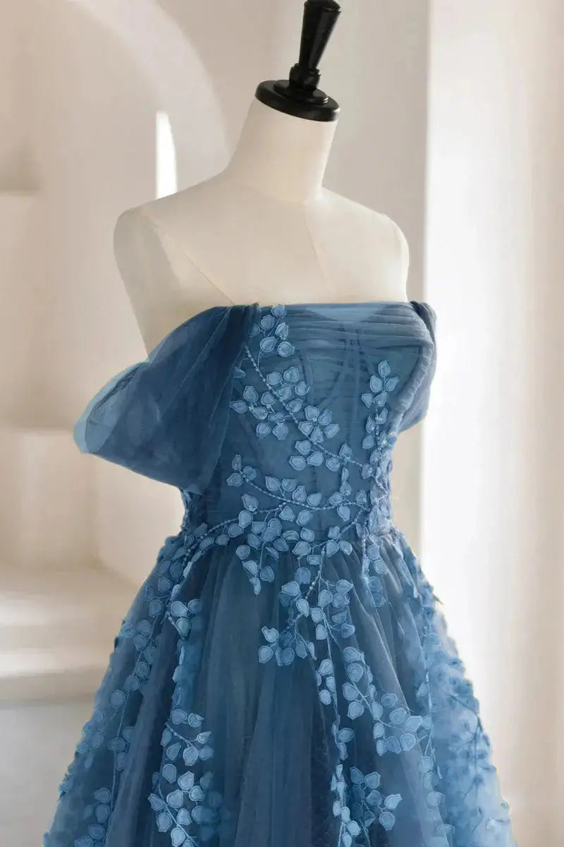 Dusty Blue Tulle A-Line Off-the-Shoulder Lace-Up Back Floor-Length Dress