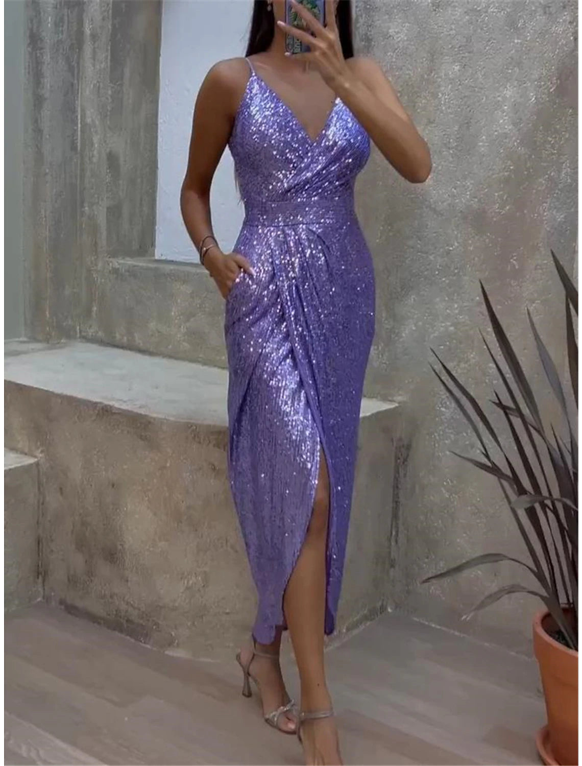Women's Black Sequin Dress Prom Dress Party Dress Sparkly Dress Long Dress Maxi Dress Black Purple Sleeveless Sparkly Glitter Summer Spring Fall Spaghetti Strap Fashion Winter Dress Wedding