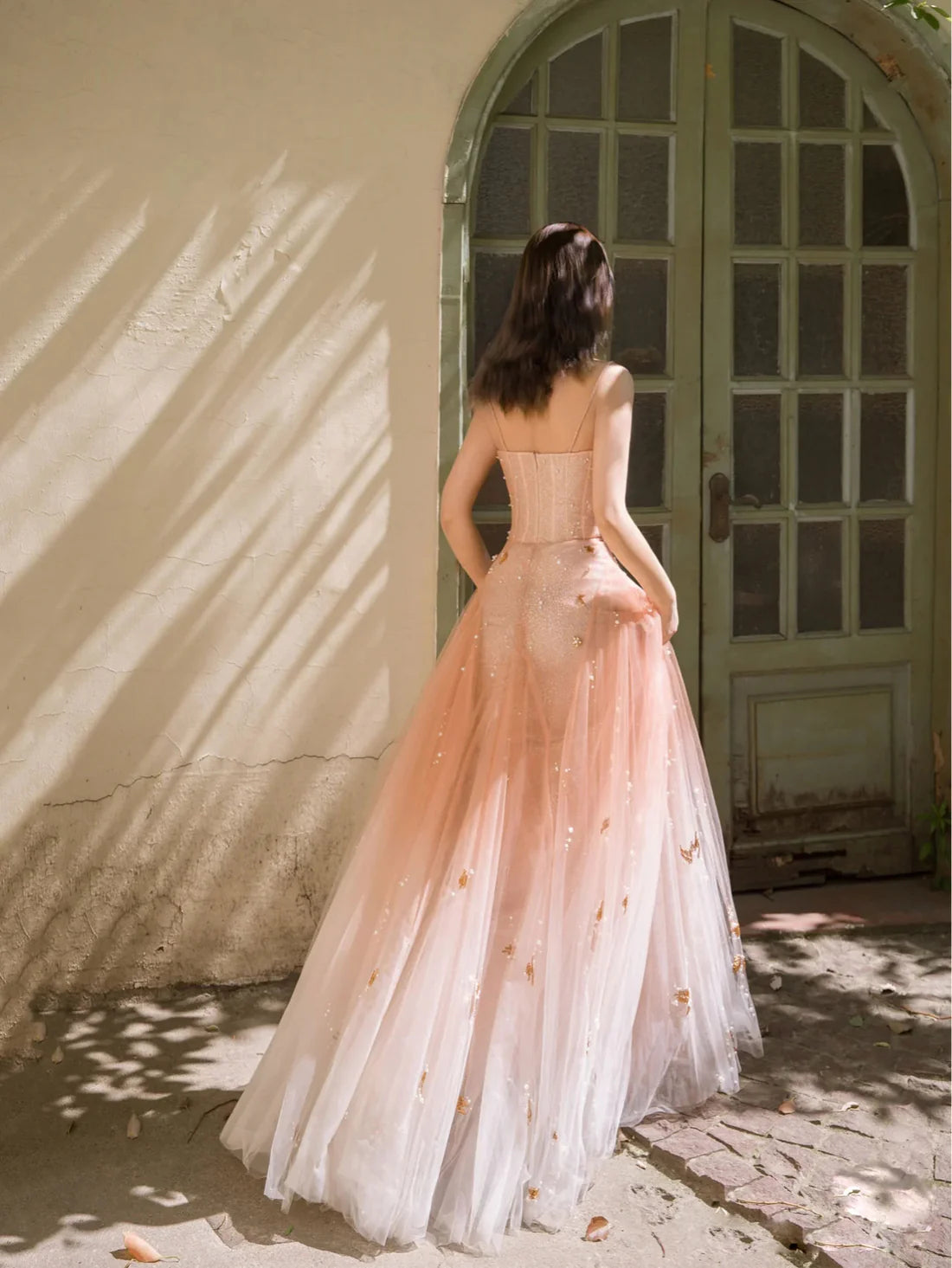 Unique v neck sequin tulle long prom evening dress orange pink formal