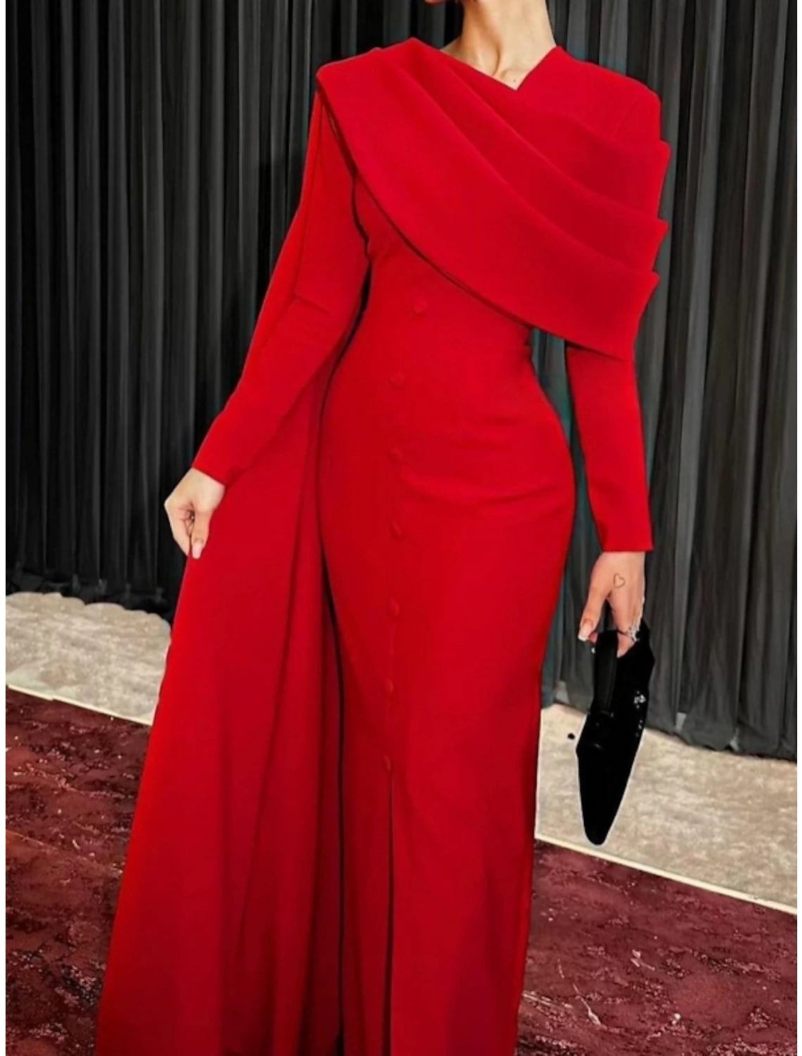 Weitese Sheath Red Black Red Green Dress Evening Gown Elegant Cape Dress Formal Fall Sweep / Brush Train Long Sleeve Cowl Neck Stretch Fabric with Buttons Slit
