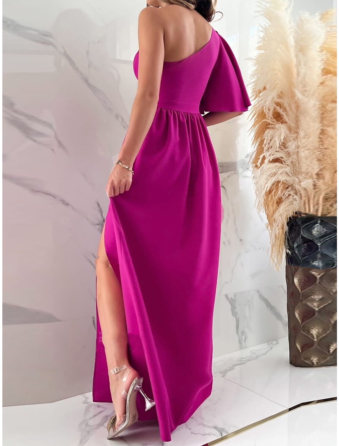 Women's Prom Dress Party Dress Satin Dress Long Dress Maxi Dress Black Red Fuchsia Short Sleeve Pure Color Ruffle Spring Fall Winter One Shoulder Fashion Christmas Wedding Guest Birthday