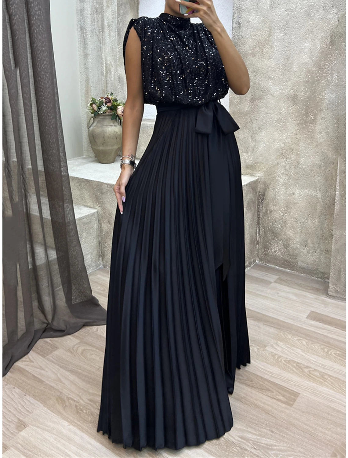 Weitese Women's Black Sequin Dress Little Black Dress Prom Dress Party Dress Sparkly Dress Long Dress Maxi Dress Black Sleeveless Spring Fall Winter Crew Neck Evening