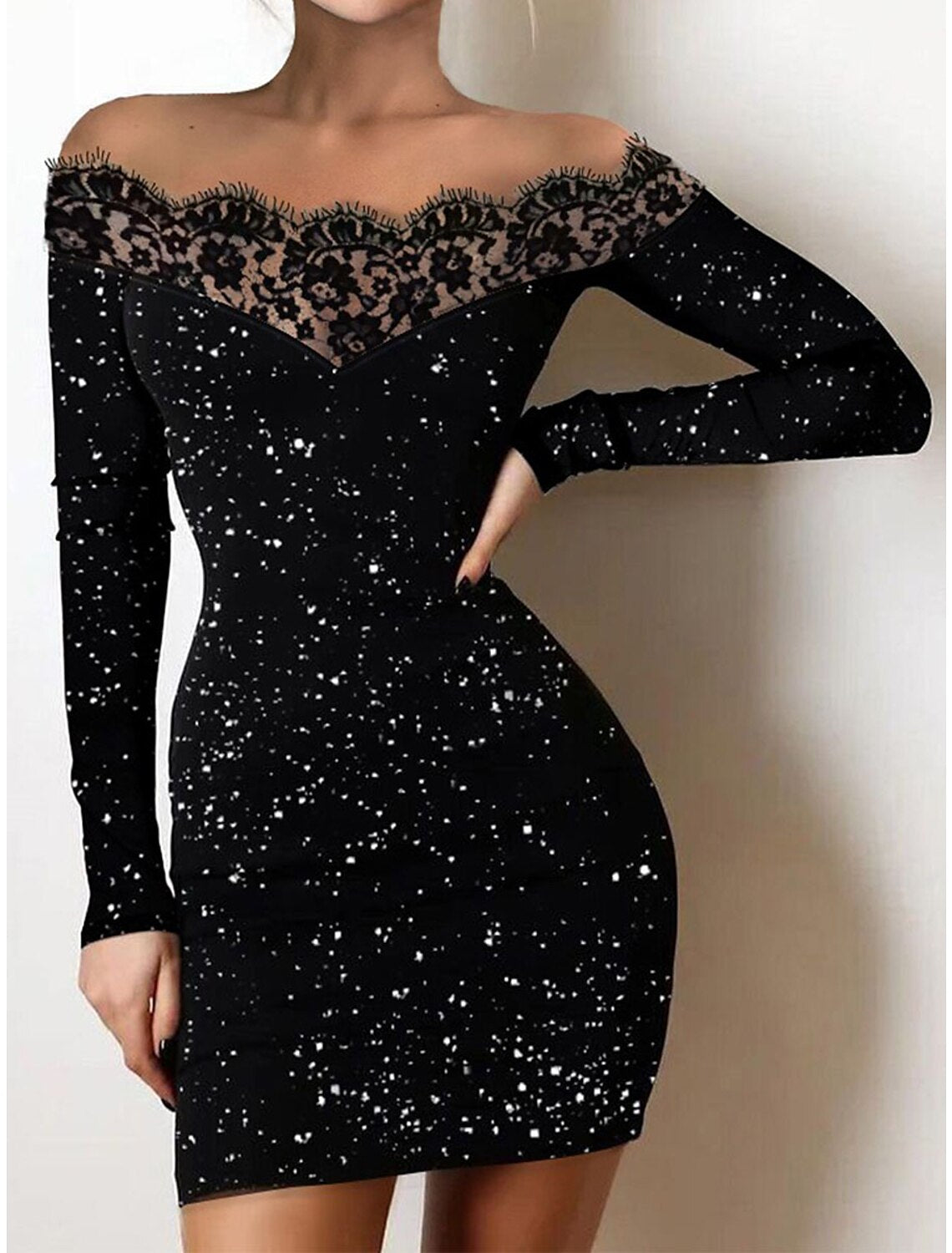 Weitese Women's Black Dress Party Dress Wedding Guest Dress Mini Dress Black Long Sleeve Dot Lace Spring Fall Winter Off Shoulder Fashion Winter Dress Wedding Guest Evening Party