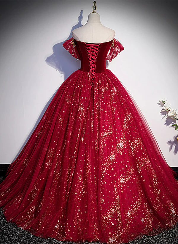 Wine Red Tulle Ball Gown Beaded Sweetheart Party Dress
