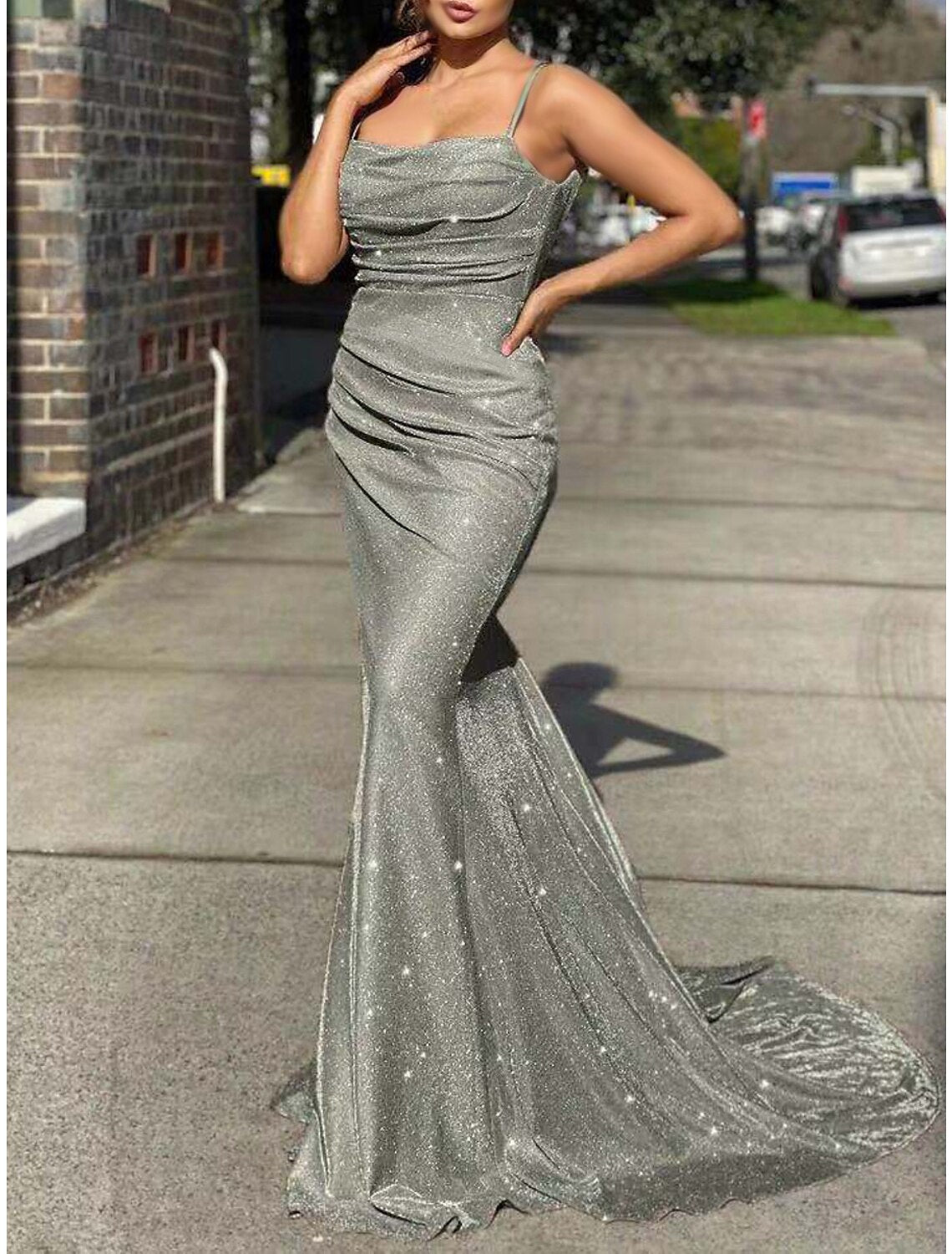Women's Prom Dress Party Dress Little Black Dress Wedding Guest Dress Long Dress Maxi Dress Silver Black Champagne Sleeveless Pure Color Ruched Fall Winter Spaghetti Strap
