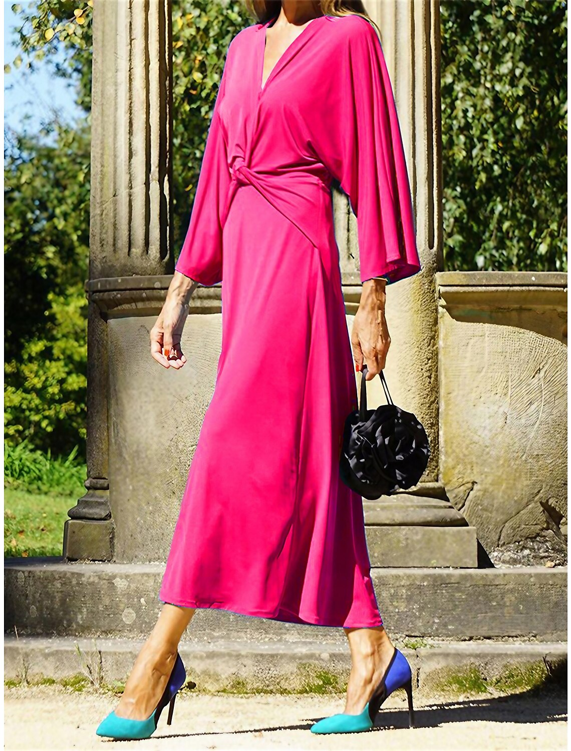 Women's Prom Dress Party Dress Wedding Guest Dress Long Dress Maxi Dress Fuchsia Green Light Blue 3/4 Length Sleeve Pure Color Knot Front Spring Fall Winter V Neck Fashion Winter Dress Wedding Guest