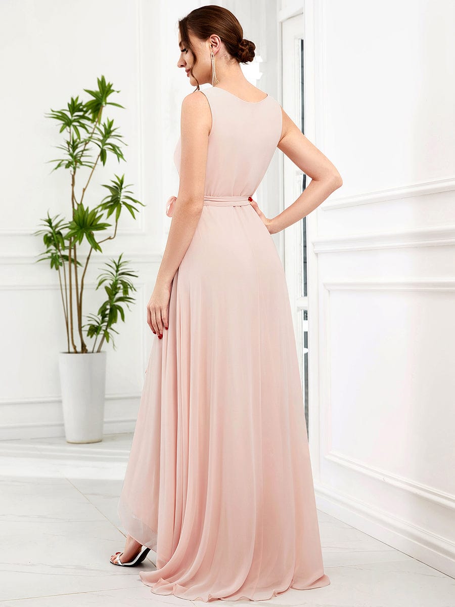 Weitese Chiffon Sleeveless Front Slit V-Neck Layered Formal Evening Dress
