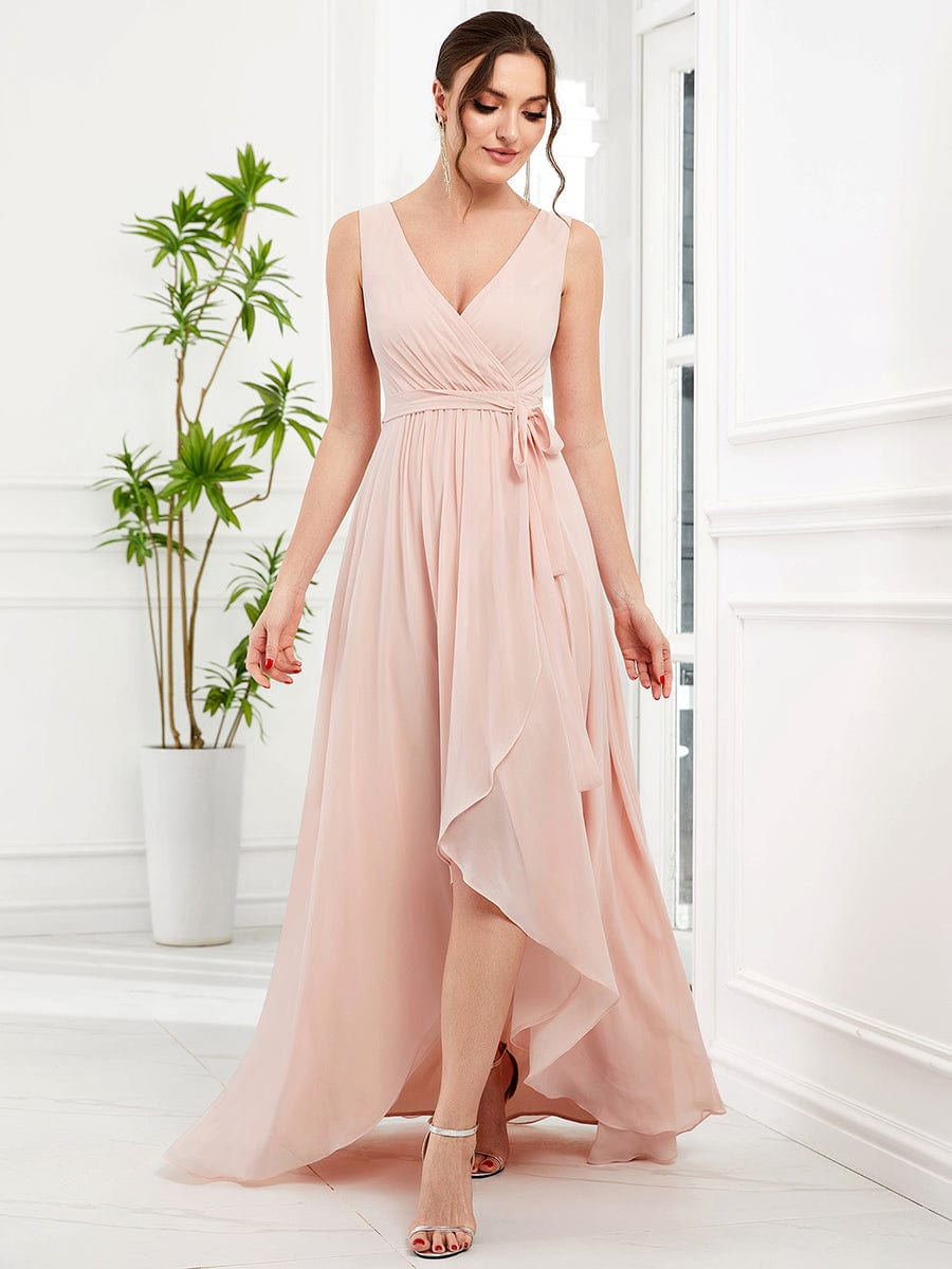 Weitese Chiffon Sleeveless Front Slit V-Neck Layered Formal Evening Dress