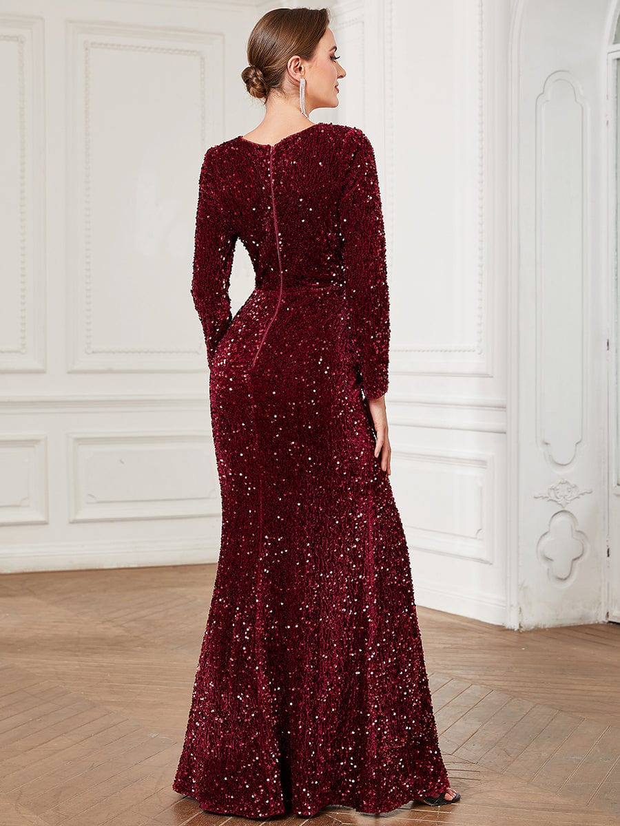 Weitese Sequin Long Sleeve Sweetheart Bodycon Front Slit Evening Dress