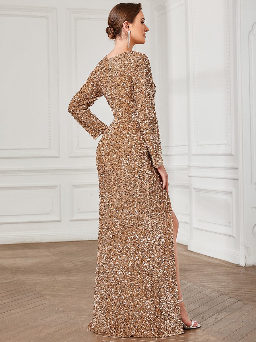 Weitese Sequin Long Sleeve Sweetheart Bodycon Front Slit Evening Dress