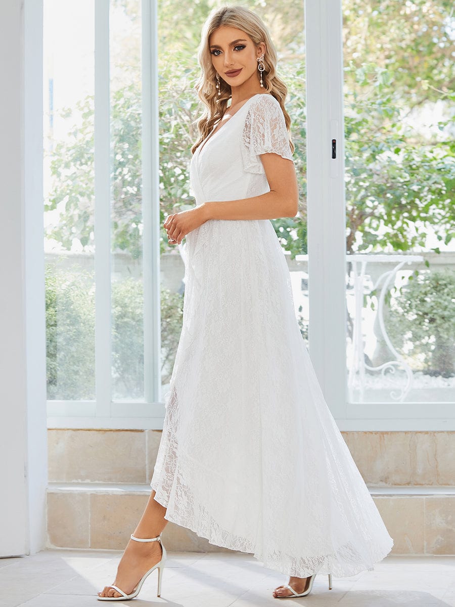 Vestido de noche Weitese plisado con escote en V, manga corta y volantes de encaje