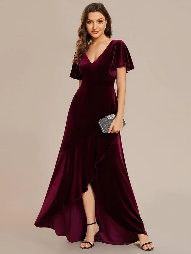 Burgundy Velvet A-Line V-Neck V-Back High-Low Dress