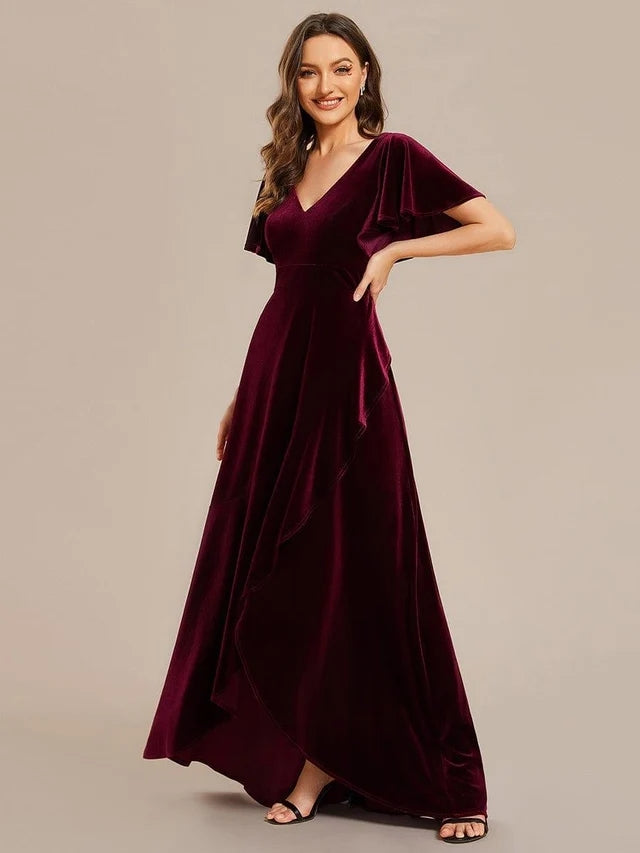 Burgundy Velvet A-Line V-Neck V-Back High-Low Dress