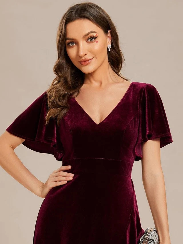 Burgundy Velvet A-Line V-Neck V-Back High-Low Dress