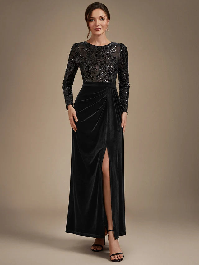 Black Velvet & Sequin Mesh Sheath-Column Scoop Neck Floor-Length Dress