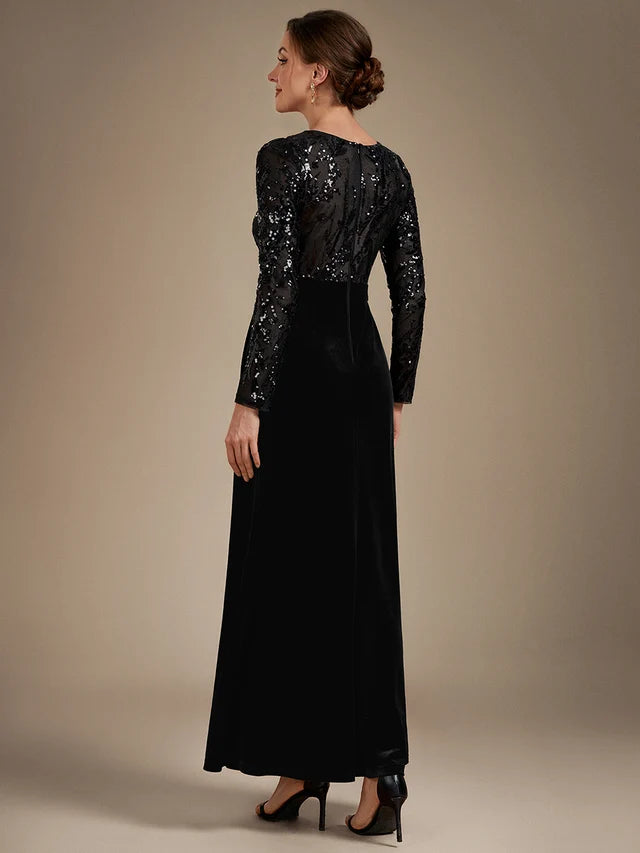 Black Velvet & Sequin Mesh Sheath-Column Scoop Neck Floor-Length Dress