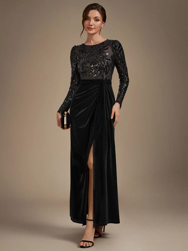 Black Velvet & Sequin Mesh Sheath-Column Scoop Neck Floor-Length Dress
