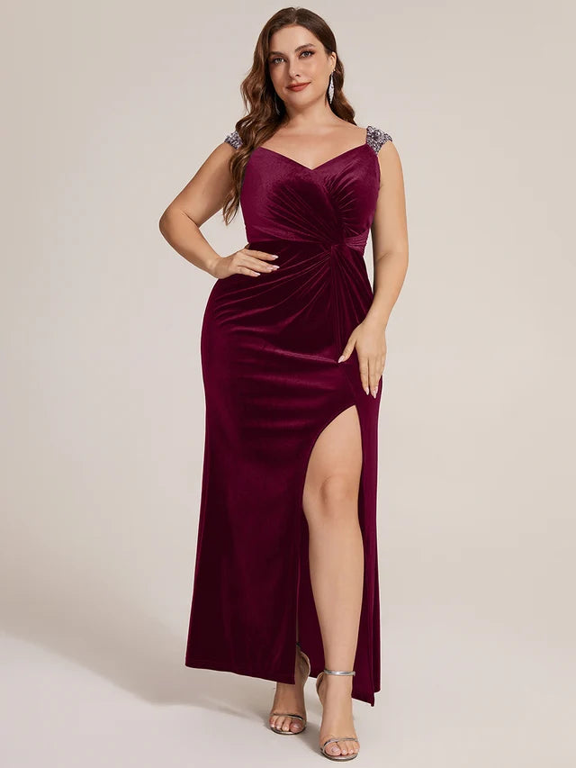Burgundy Velvet Sheath Sweetheart V-Back Floor-Length Dress