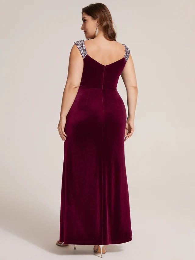 Burgundy Velvet Sheath Sweetheart V-Back Floor-Length Dress