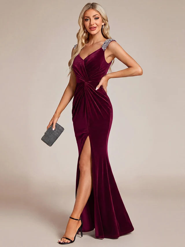 Burgundy Velvet Sheath Sweetheart V-Back Floor-Length Dress
