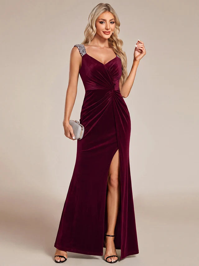Burgundy Velvet Sheath Sweetheart V-Back Floor-Length Dress